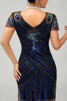 Load image into Gallery viewer, Sparkly Black Blue Sequins Bodycon Short 1920s Dress with Sleeves
