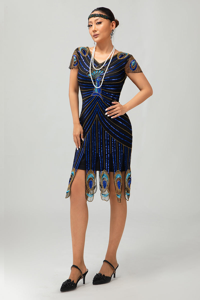 Load image into Gallery viewer, Sparkly Black Blue Sequins Bodycon Short 1920s Dress with Sleeves