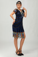 Load image into Gallery viewer, Sparkly Black Blue Sequins Bodycon Short 1920s Dress with Sleeves