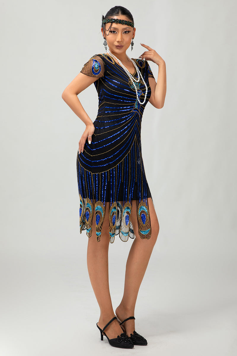 Load image into Gallery viewer, Sparkly Black Blue Sequins Bodycon Short 1920s Dress with Sleeves