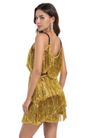 Load image into Gallery viewer, Sparkly Short Golden Tight Tiered Homecoming Dress with Fringes