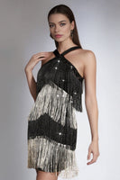 Load image into Gallery viewer, Sparkly Short Black and Silver Tiered Homecoming Dress with Fringes
