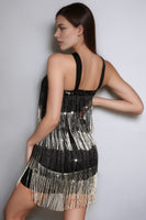 Load image into Gallery viewer, Sparkly Short Black and Silver Tiered Homecoming Dress with Fringes