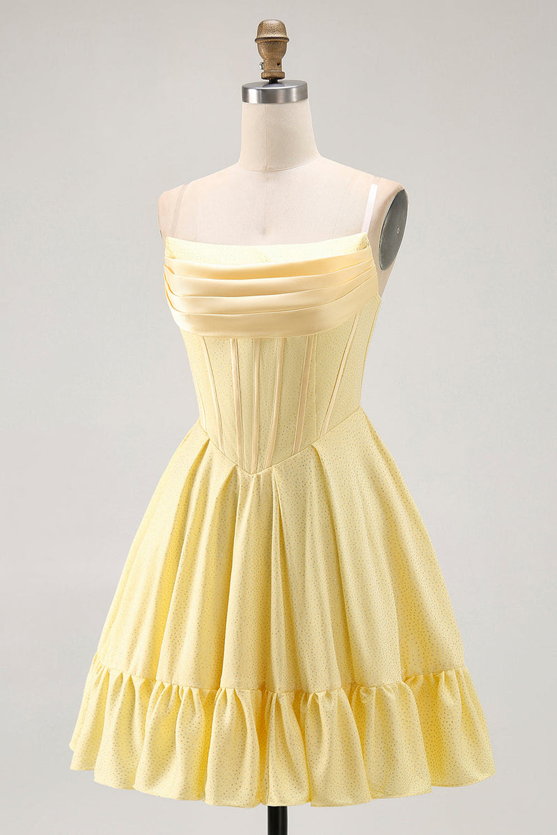 Load image into Gallery viewer, Sparkly Yellow A Line Beaded Short Corset Homecoming Dress