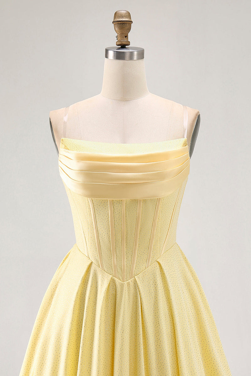 Load image into Gallery viewer, Sparkly Yellow A Line Beaded Short Corset Homecoming Dress