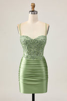 Load image into Gallery viewer, Sparkly Sage Green Short Corset Tight Homecoming Dress with Appliques
