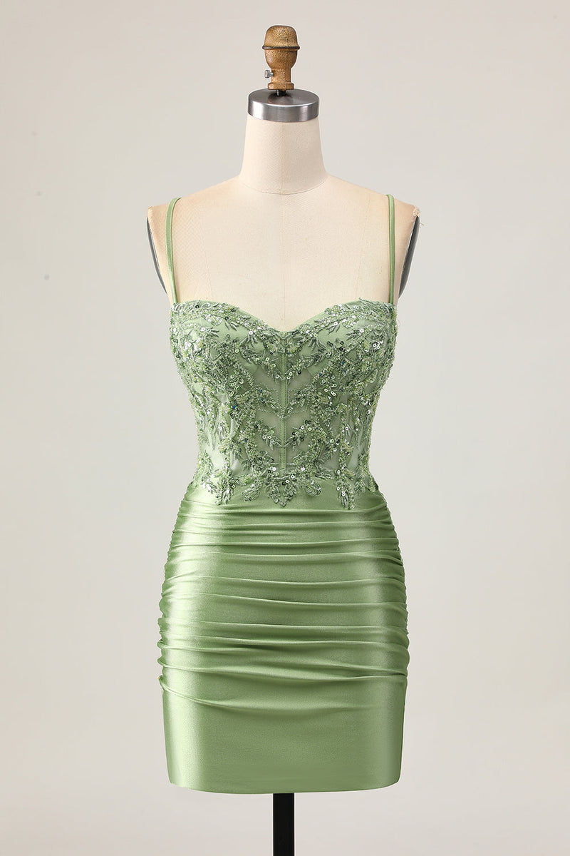 Load image into Gallery viewer, Sparkly Sage Green Short Corset Tight Homecoming Dress with Appliques