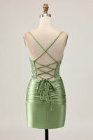 Load image into Gallery viewer, Sparkly Sage Green Short Corset Tight Homecoming Dress with Appliques