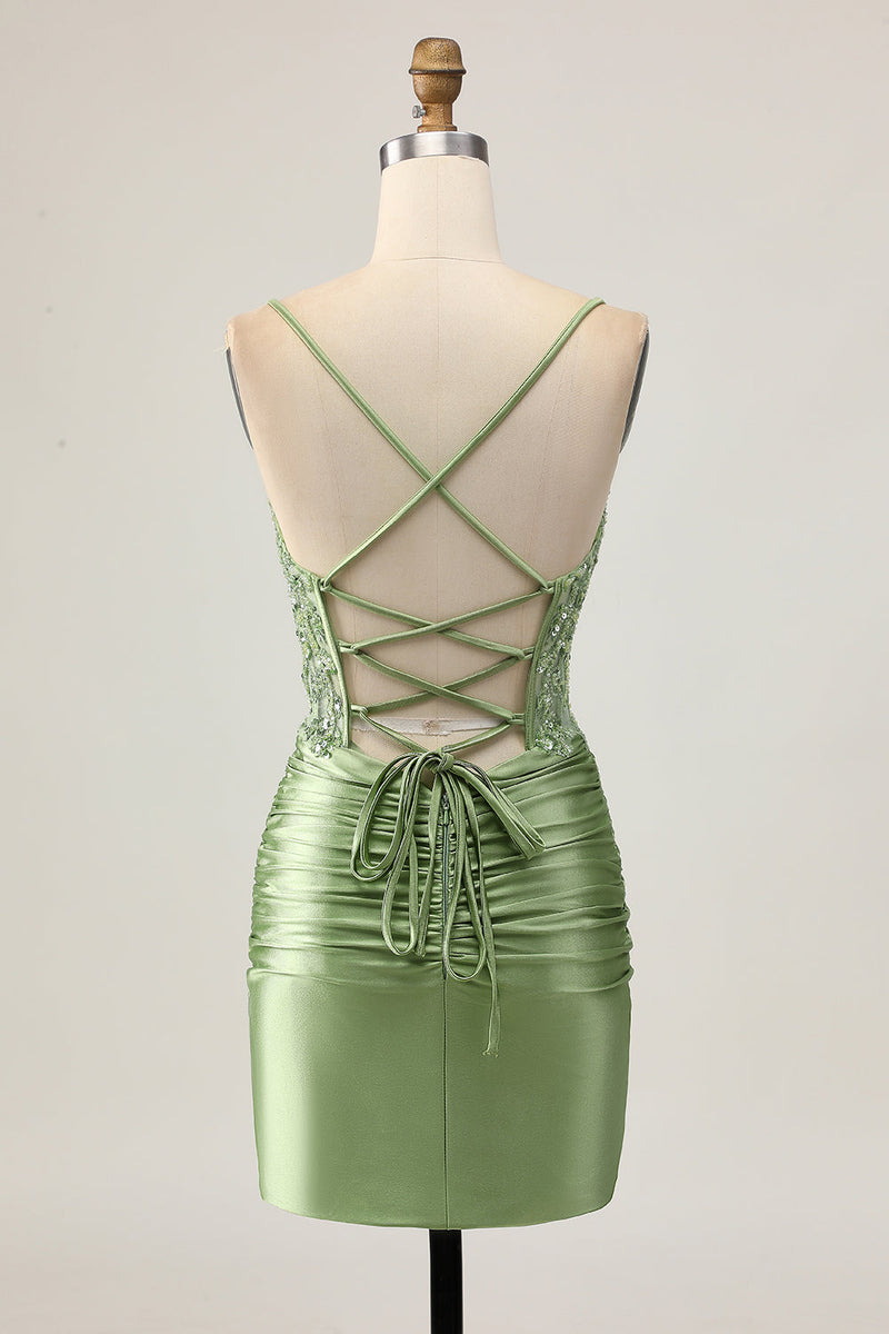 Load image into Gallery viewer, Sparkly Sage Green Short Corset Tight Homecoming Dress with Appliques