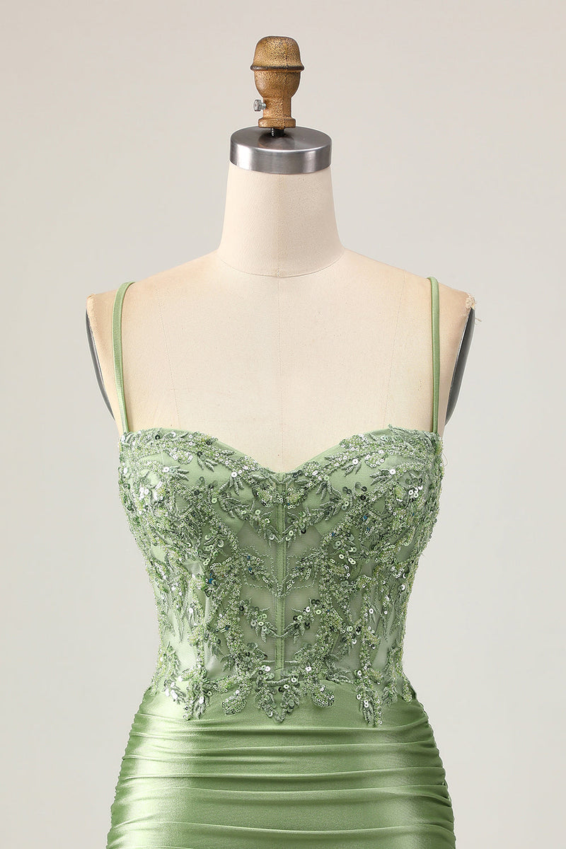 Load image into Gallery viewer, Sparkly Sage Green Short Corset Tight Homecoming Dress with Appliques