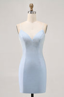 Load image into Gallery viewer, Sparkly Light Blue Satin Tight Short Homecoming Dress with Beading
