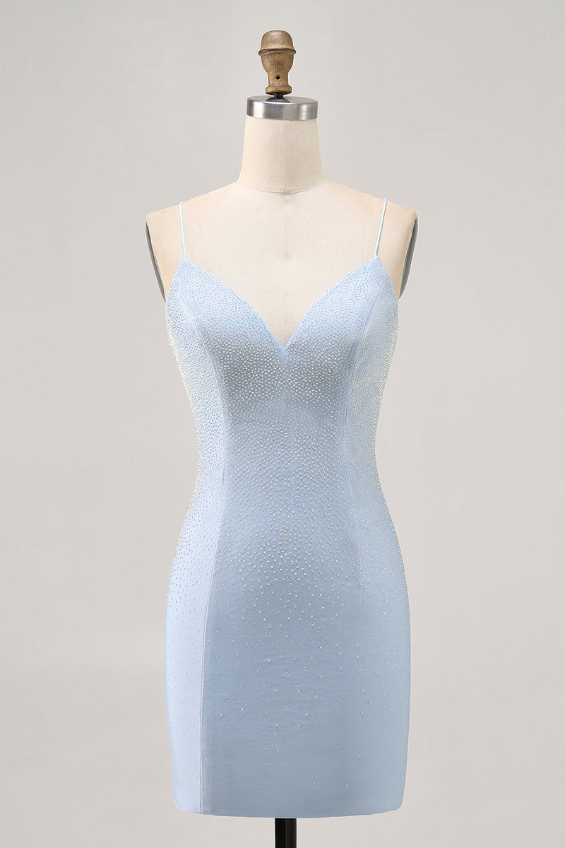 Load image into Gallery viewer, Sparkly Light Blue Satin Tight Short Homecoming Dress with Beading