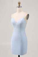 Load image into Gallery viewer, Sparkly Light Blue Satin Tight Short Homecoming Dress with Beading