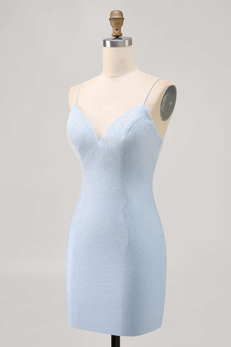 Load image into Gallery viewer, Sparkly Light Blue Satin Tight Short Homecoming Dress with Beading