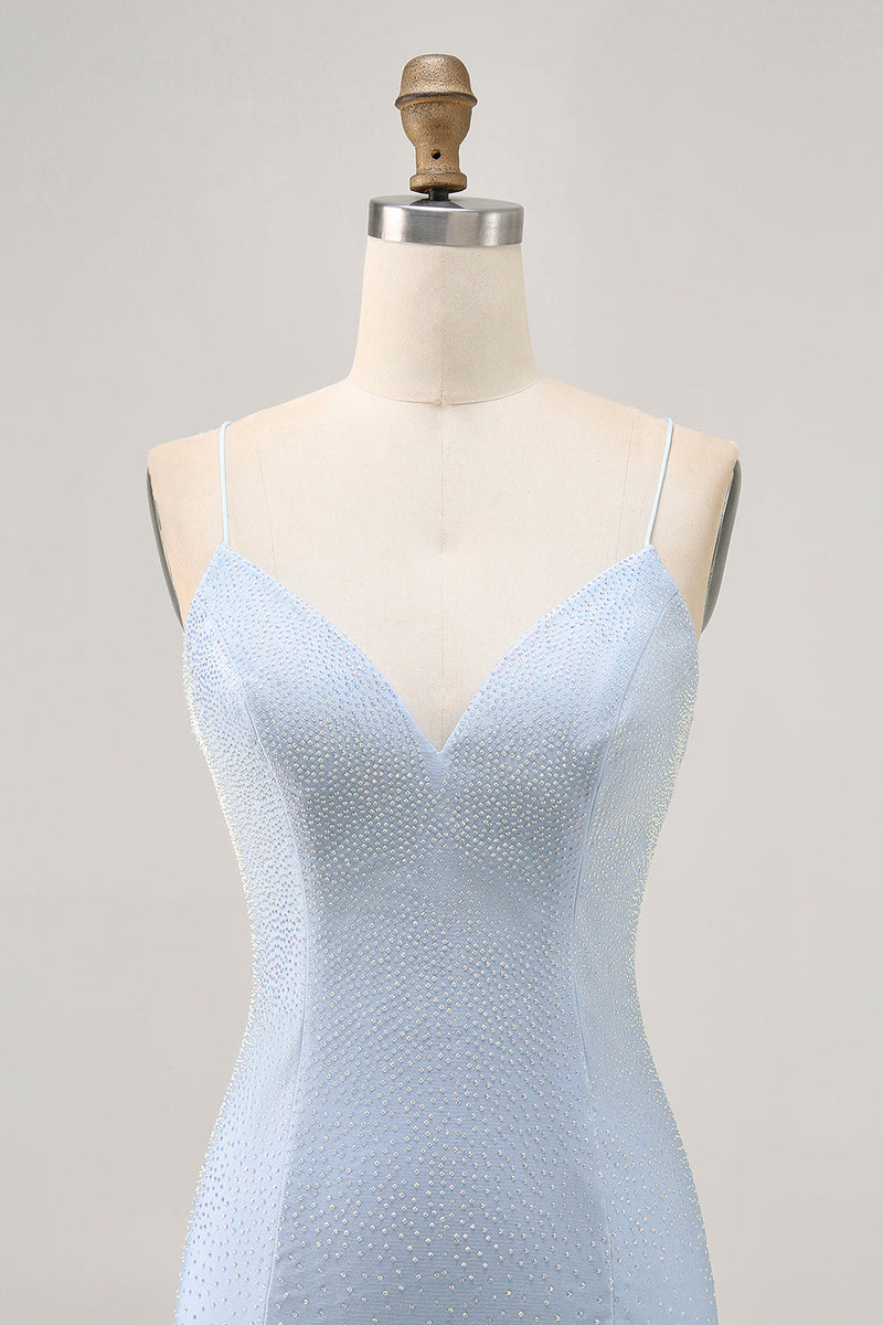 Load image into Gallery viewer, Sparkly Light Blue Satin Tight Short Homecoming Dress with Beading
