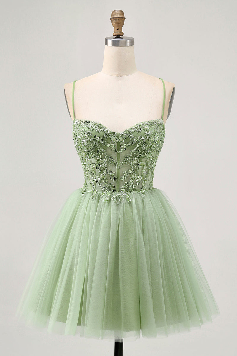 Load image into Gallery viewer, Sparkly Green A Line Tulle Short Corset Homecoming Dress with Beading