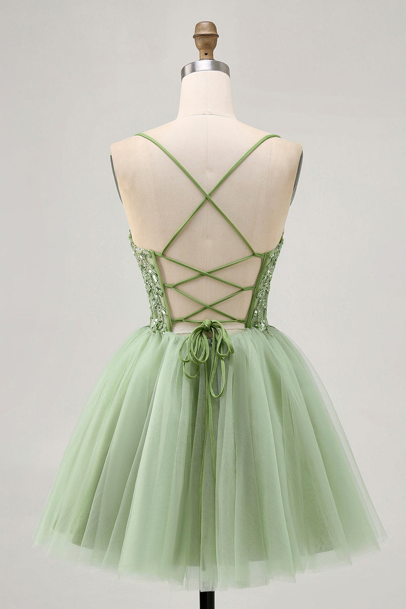 Load image into Gallery viewer, Sparkly Green A Line Tulle Short Corset Homecoming Dress with Beading