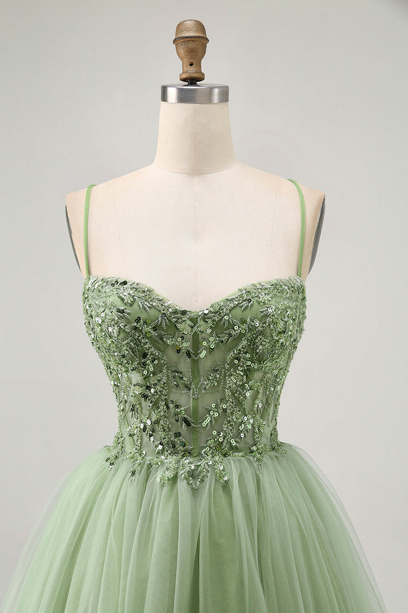 Load image into Gallery viewer, Sparkly Green A Line Tulle Short Corset Homecoming Dress with Beading