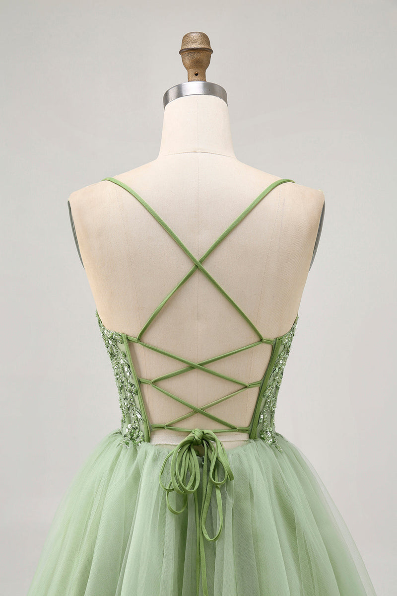 Load image into Gallery viewer, Sparkly Green A Line Tulle Short Corset Homecoming Dress with Beading