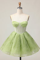 Load image into Gallery viewer, Green Corset Spaghetti Straps A Line Short Homecoming Dress
