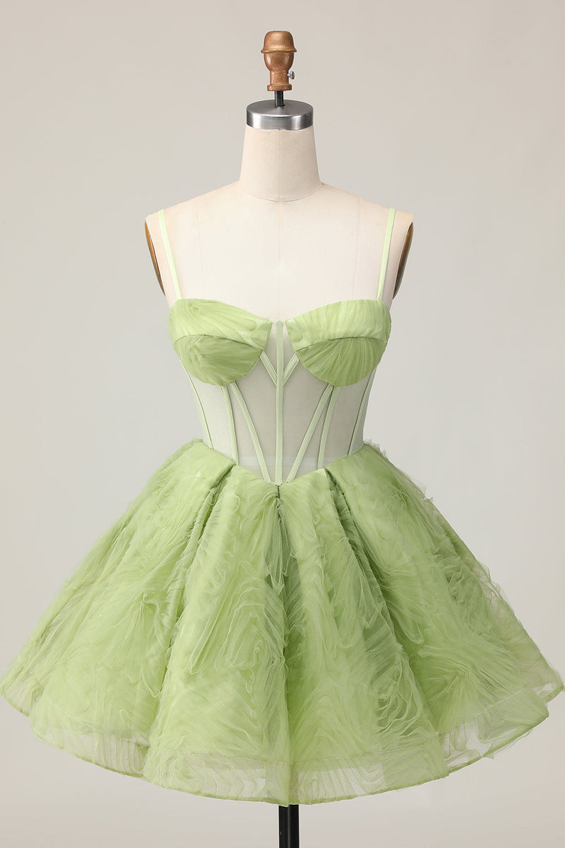 Load image into Gallery viewer, Green Corset Spaghetti Straps A Line Short Homecoming Dress