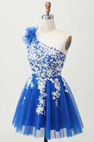 Load image into Gallery viewer, Royal Blue Tulle One Shoulder Short Homecoming Dress with 3D Flower