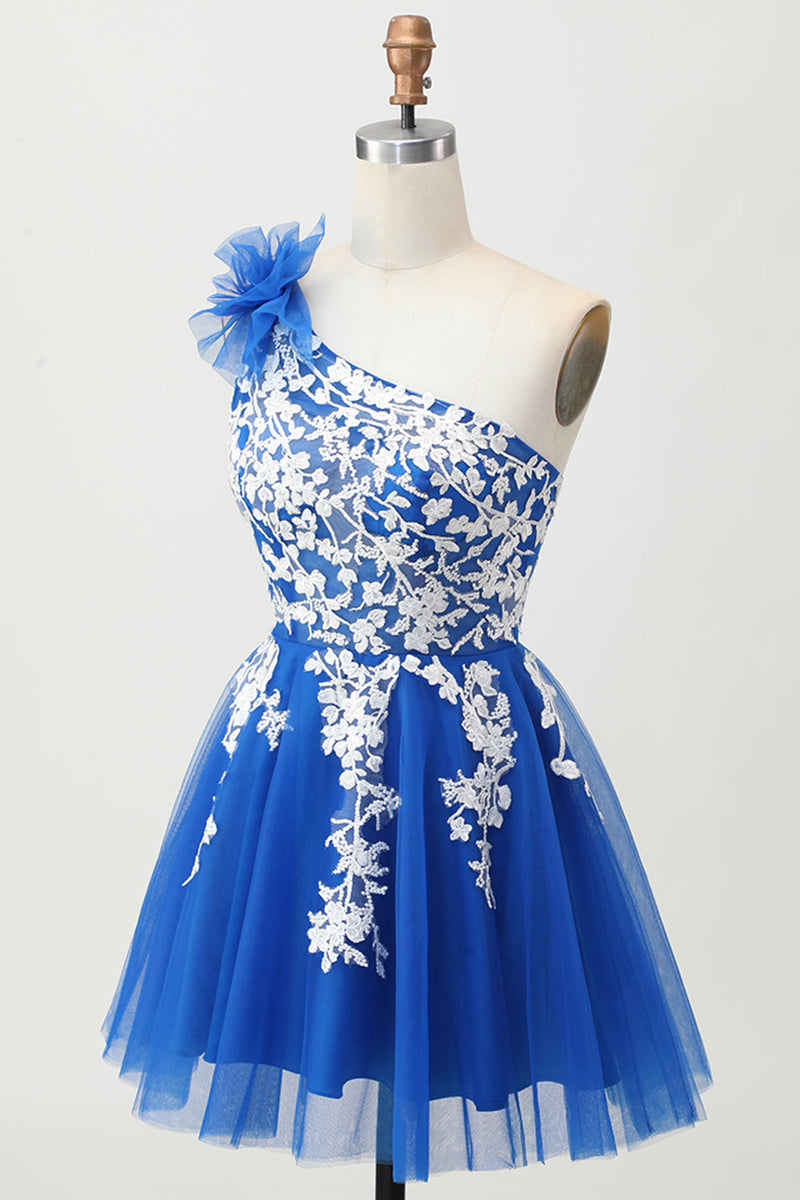 Load image into Gallery viewer, Royal Blue Tulle One Shoulder Short Homecoming Dress with 3D Flower