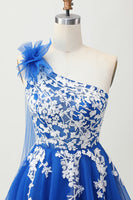Load image into Gallery viewer, Royal Blue Tulle One Shoulder Short Homecoming Dress with 3D Flower