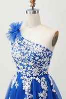 Load image into Gallery viewer, Royal Blue Tulle One Shoulder Short Homecoming Dress with 3D Flower