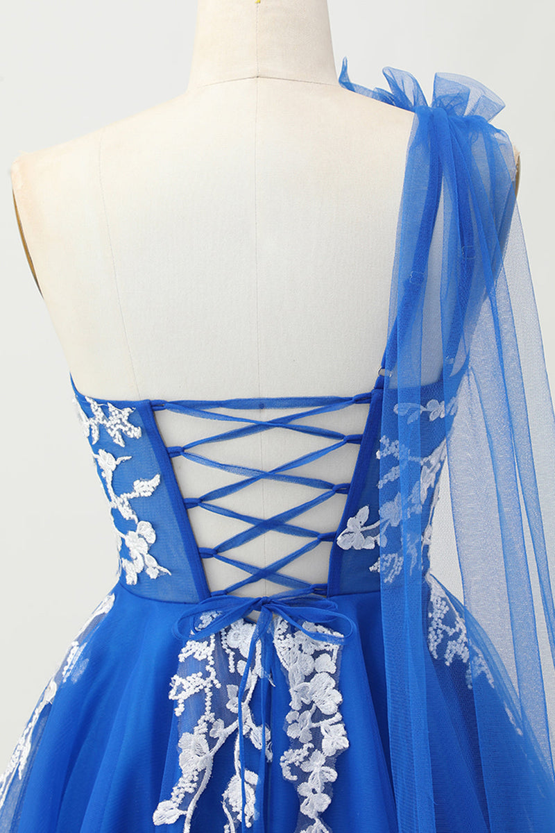 Load image into Gallery viewer, Royal Blue Tulle One Shoulder Short Homecoming Dress with 3D Flower