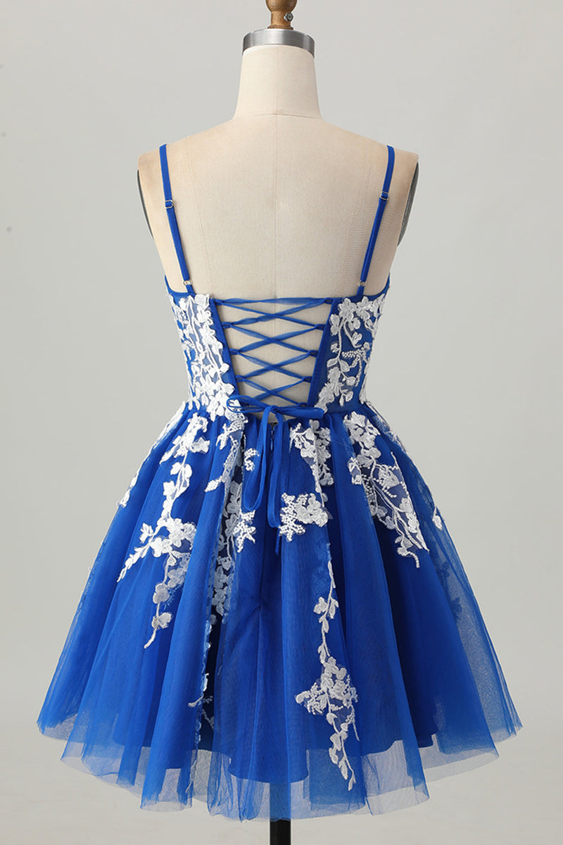 Load image into Gallery viewer, Royal Blue Tulle A Line Short Homecoming Dress with Appliques
