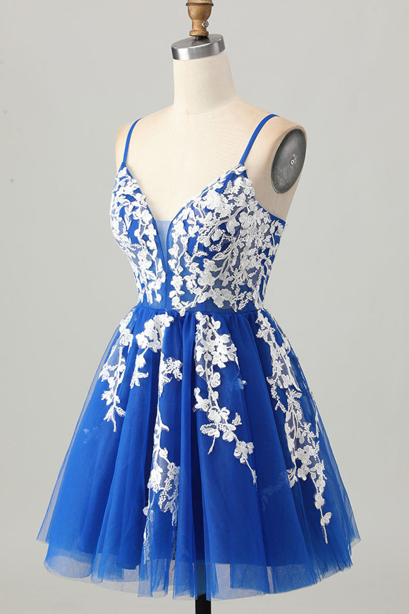 Load image into Gallery viewer, Royal Blue Tulle A Line Short Homecoming Dress with Appliques