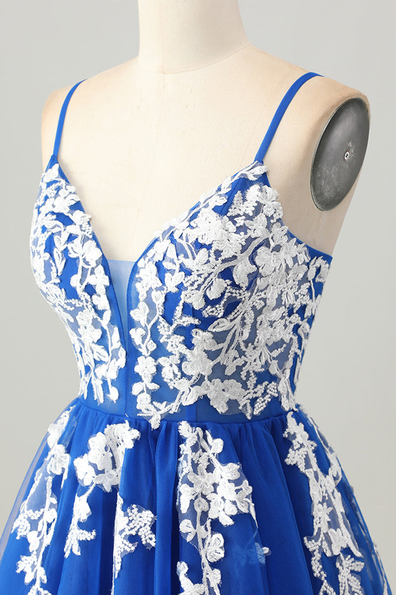 Load image into Gallery viewer, Royal Blue Tulle A Line Short Homecoming Dress with Appliques