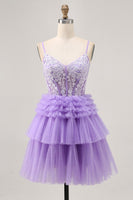 Load image into Gallery viewer, Sparkly Lavender Floral Corset Short Homecoming Dress with Ruffles