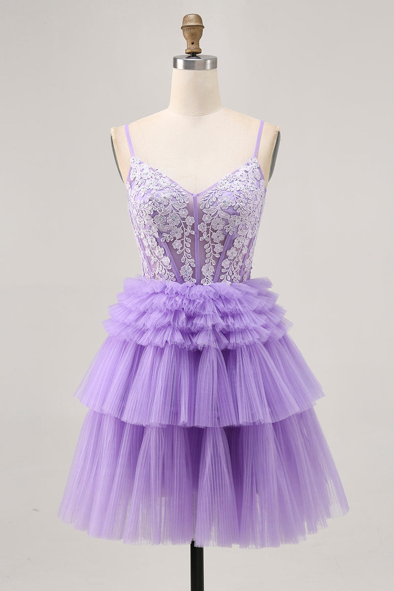 Load image into Gallery viewer, Sparkly Lavender Floral Corset Short Homecoming Dress with Ruffles