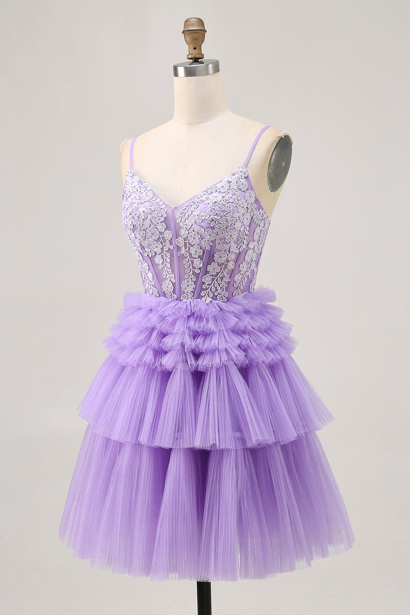 Load image into Gallery viewer, Sparkly Lavender Floral Corset Short Homecoming Dress with Ruffles