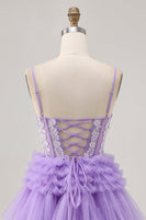 Load image into Gallery viewer, Sparkly Lavender Floral Corset Short Homecoming Dress with Ruffles