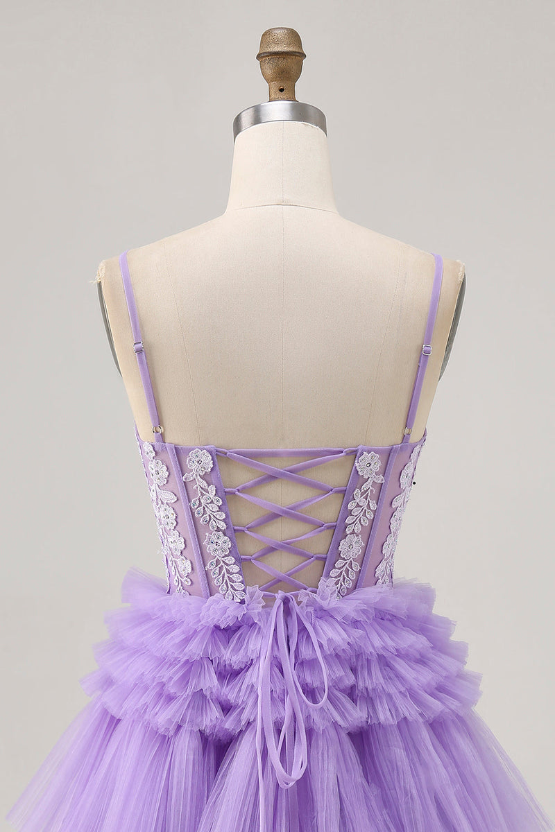 Load image into Gallery viewer, Sparkly Lavender Floral Corset Short Homecoming Dress with Ruffles