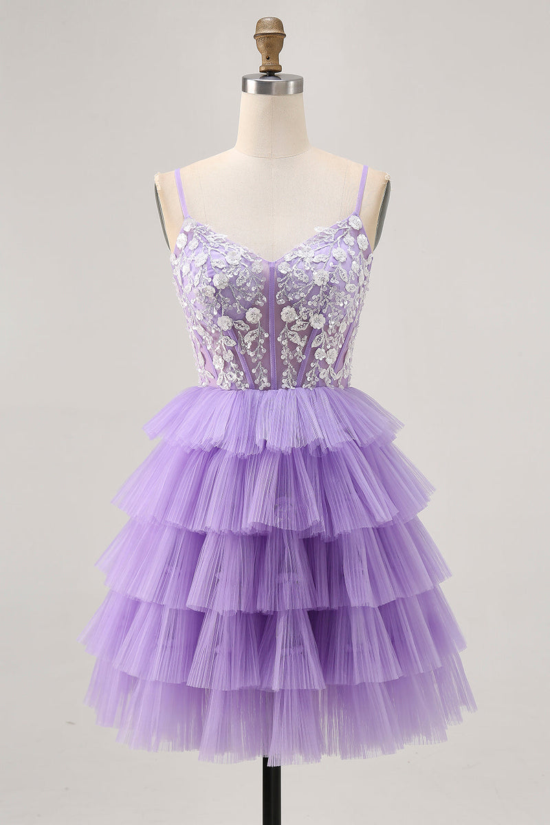 Load image into Gallery viewer, Lavender Floral Short Corset Homecoming Dress with Ruffles