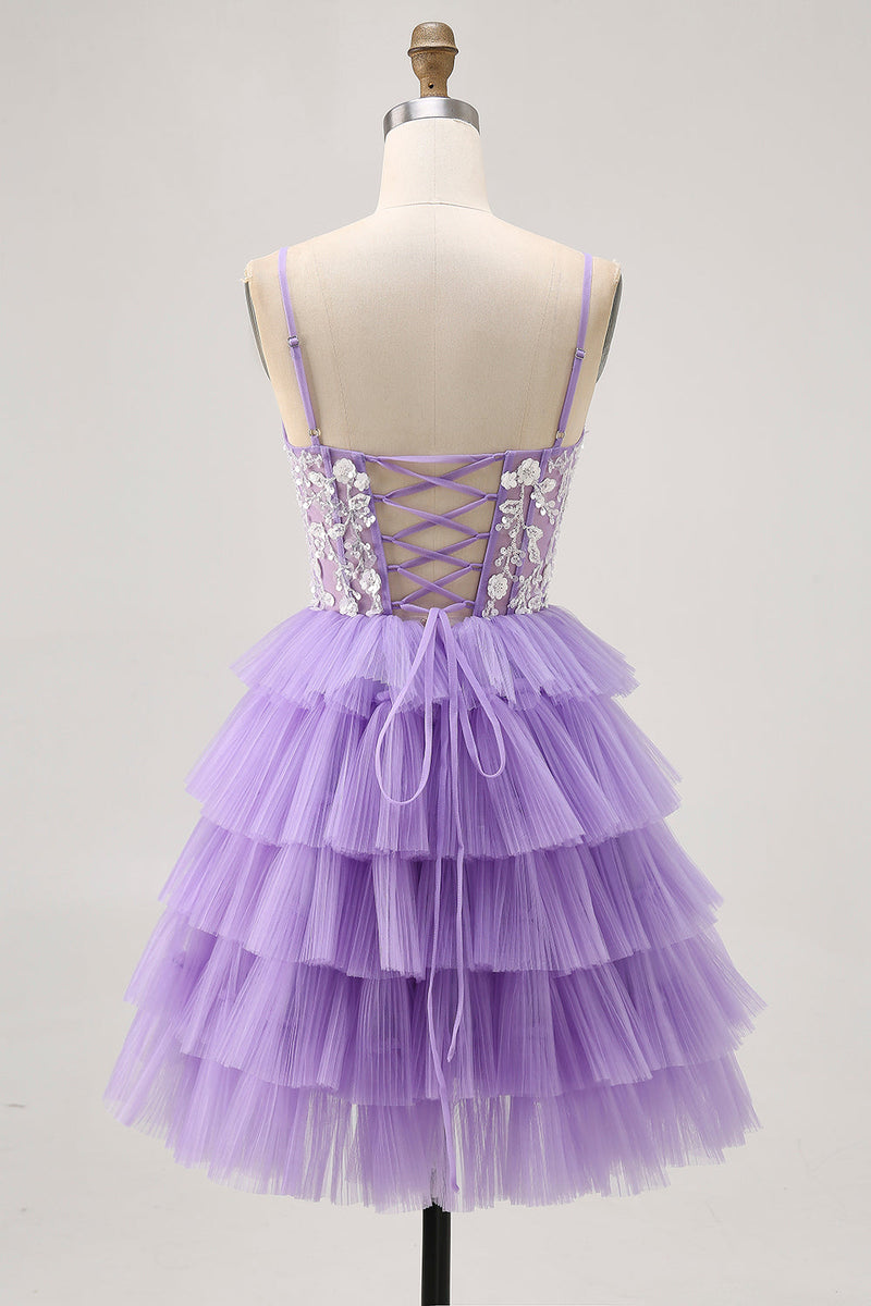 Load image into Gallery viewer, Lavender Floral Short Corset Homecoming Dress with Ruffles
