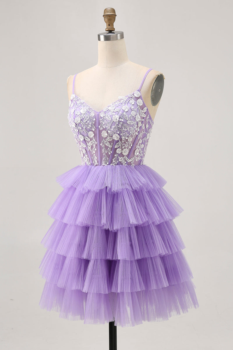 Load image into Gallery viewer, Lavender Floral Short Corset Homecoming Dress with Ruffles