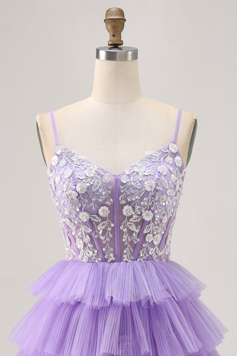 Load image into Gallery viewer, Lavender Floral Short Corset Homecoming Dress with Ruffles
