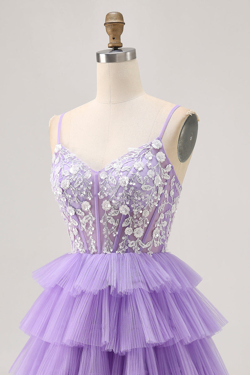 Load image into Gallery viewer, Lavender Floral Short Corset Homecoming Dress with Ruffles