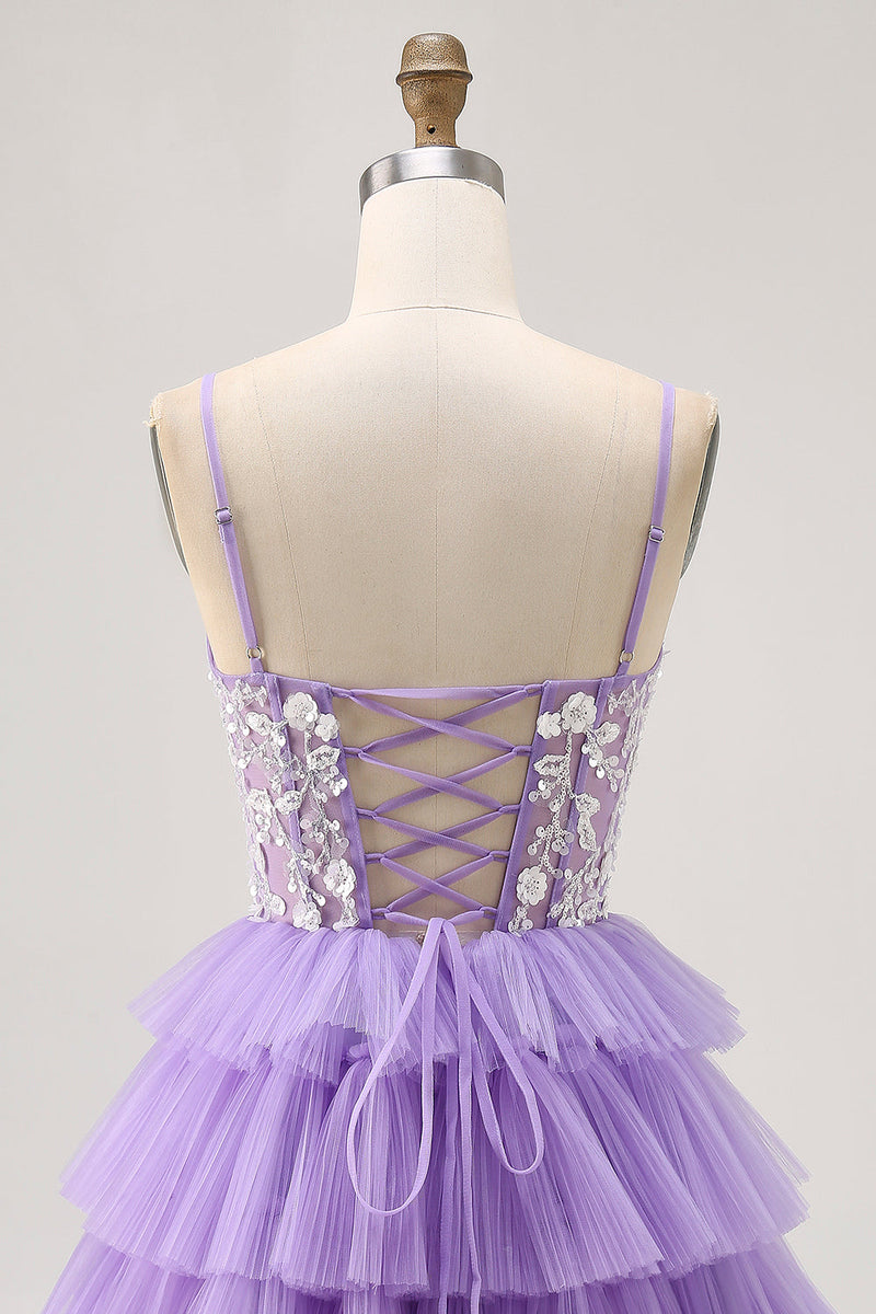 Load image into Gallery viewer, Lavender Floral Short Corset Homecoming Dress with Ruffles