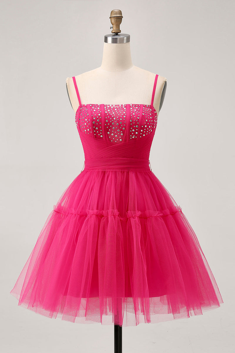 Load image into Gallery viewer, Sparkly Fuchsia A Line Tulle Short Homecoming Dress with Beading