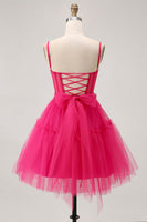 Load image into Gallery viewer, Sparkly Fuchsia A Line Tulle Short Homecoming Dress with Beading