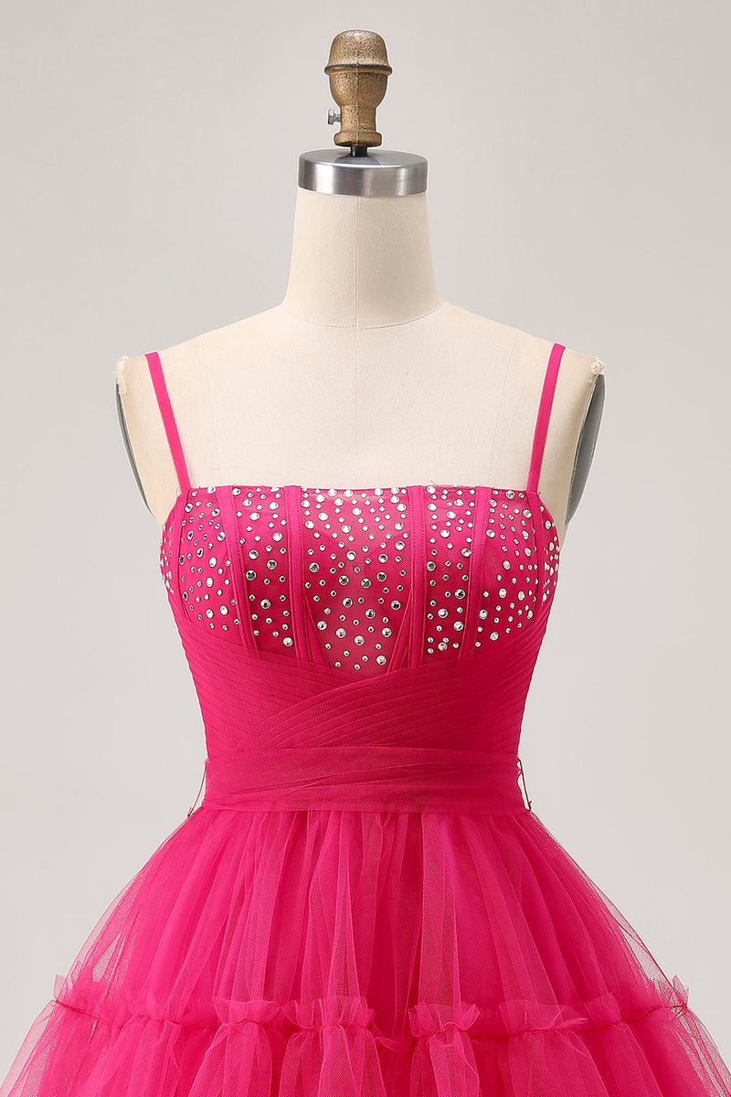 Load image into Gallery viewer, Sparkly Fuchsia A Line Tulle Short Homecoming Dress with Beading