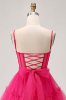 Load image into Gallery viewer, Sparkly Fuchsia A Line Tulle Short Homecoming Dress with Beading