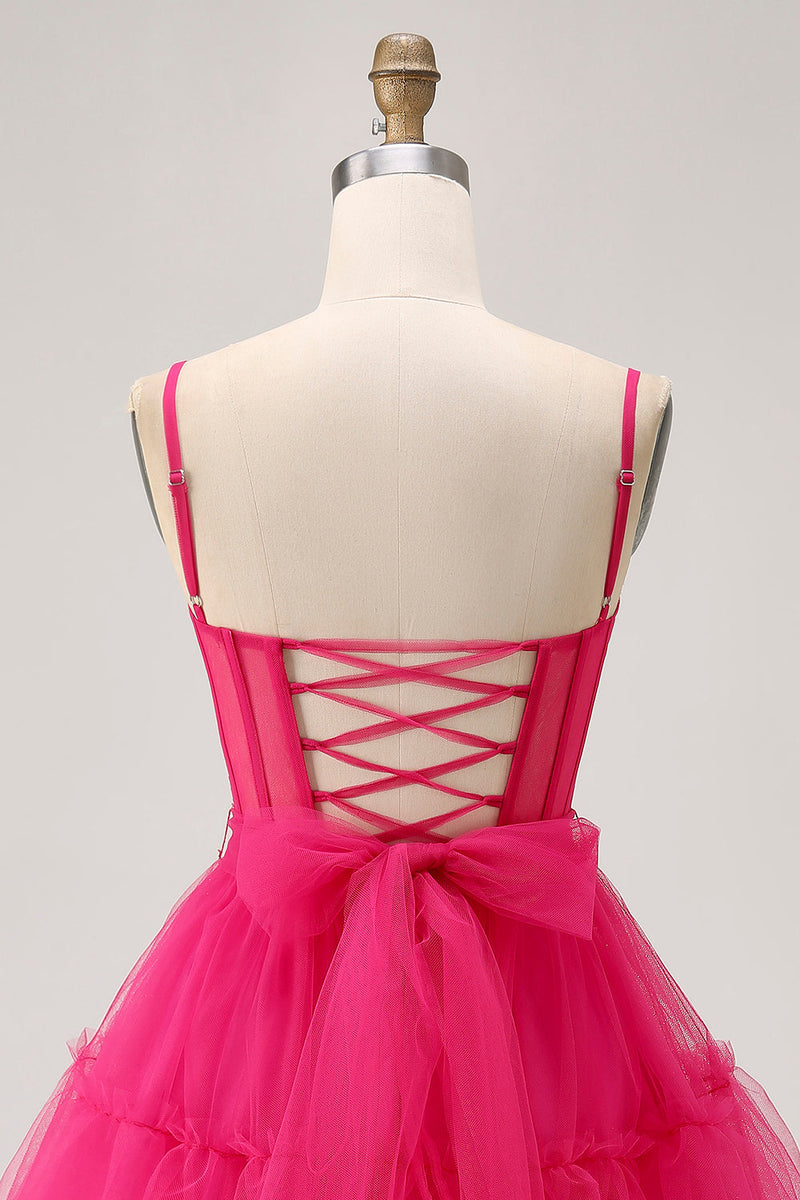 Load image into Gallery viewer, Sparkly Fuchsia A Line Tulle Short Homecoming Dress with Beading