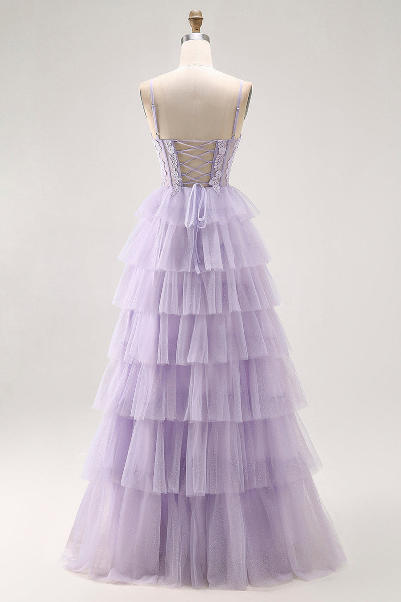 Load image into Gallery viewer, Glitter Lilac A Line Tiered Tulle Long Corset Prom Dress with Lace